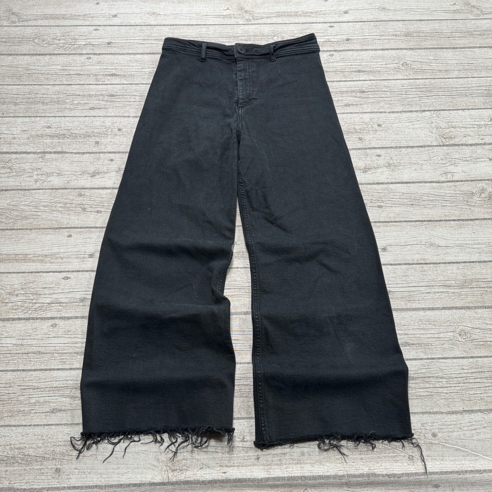 Zara Jeans Women's 10 Black Denim High Rise Wide Leg Marine Straight Fit Raw Hem